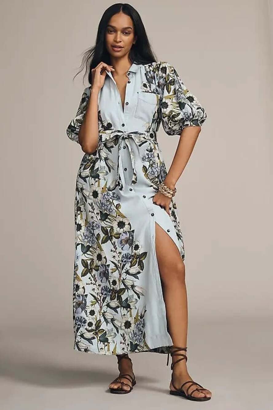 Anthropologie Maeve Mona Linen Maxi Shirt Dress Floral US L EU 40 Blue $198